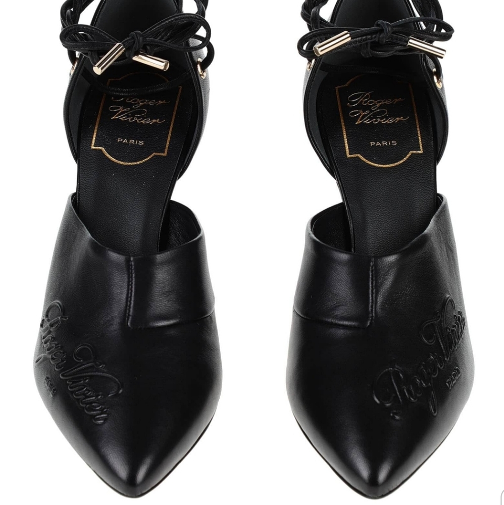 Roger Vivier Logomania Leather Pointed Toe Lace Up Heel Pumps Size 38.5 - Picture 5 of 12